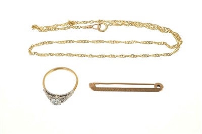 Lot 481 - Gold (18ct) ring with synthetic white stone in platinum setting, gold (9ct) brooch, gold (9ct) chain