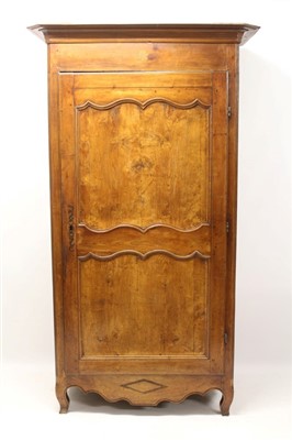 Lot 1356 - Good late 18th century French elm armoire with moulded cornice and enclosed by panelled door, between canted reeded angles, on dog tooth inlaid frieze and cabriole legs, 122cm wide x 68cm deep x 21...