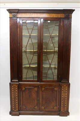 Lot 1784 - Fine George III mahogany and parquetry inlaid standing corner cupboard of narrow form, with dentil moulded cornice and trompe l'oeil marquetry frieze, the upper section with astragal glazed door en...