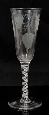 Lot 80 - Georgian ale flute with hop engraved bowl and double-opaque twist stem