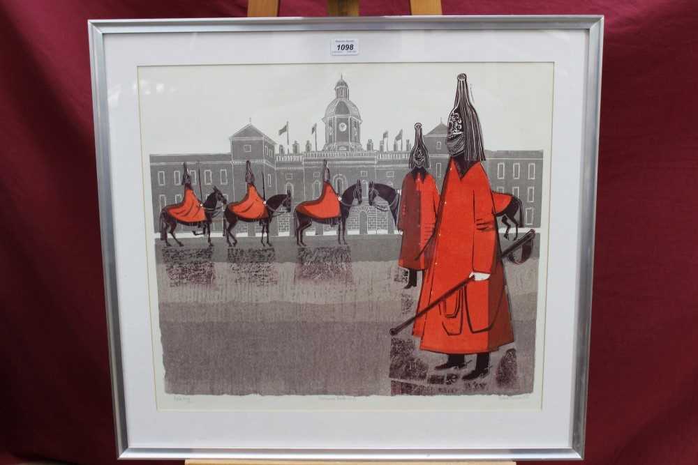 Lot 1098 - Robert Tavener (1920-2004) signed artists proof linocut - Horseguards Parade (No.4), in glazed frame, 51cm x 58cm