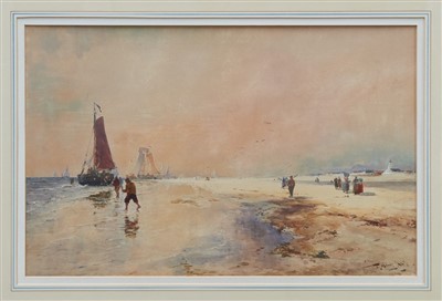 Lot 1373 - Thomas Bush Hardy (1842-1897) pair of watercolours - fishing boats on the shore and shipping off the harbour, one signed and dated 1889, in glazed gilt frames, 31cm x 49cm