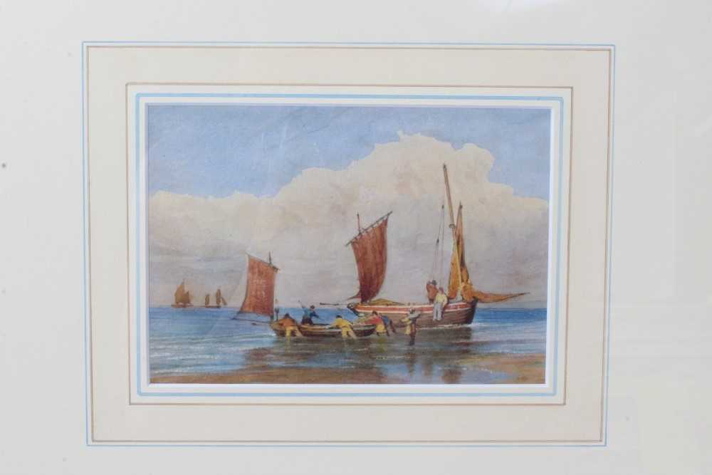 Lot 38 - late 19th century Newlyn school watercolour - Cornish loggers On Penzance Beach, in glazed gilt frame, 11cm x 16cm