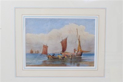 Lot 38 - late 19th century Newlyn school watercolour - Cornish loggers On Penzance Beach, in glazed gilt frame, 11cm x 16cm