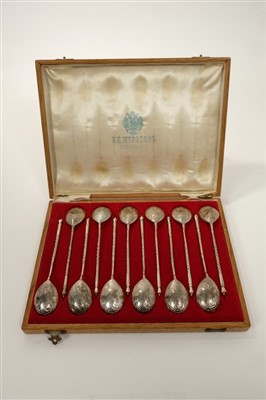 Lot 344 - Set of twelve Russian silver spoons, marked MA Matrena Andreyeva, in a fitted case