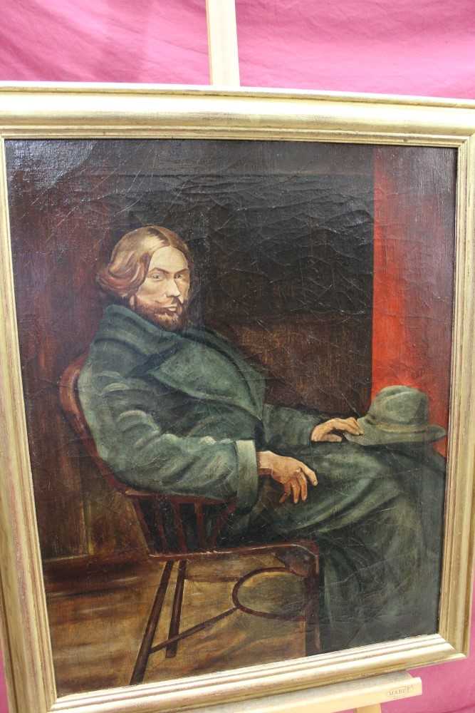 Lot 90 - Early 20th century oil on canvas - portrait of a seated gentleman in long green coat, in gilt frame, 75cm x 59cm