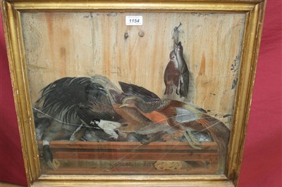 Lot 89 - 19th century reverse painted picture on glass panel depicting a larder interior with dead game, fowl and songbirds, in gilt frame, 45cm x 51cm