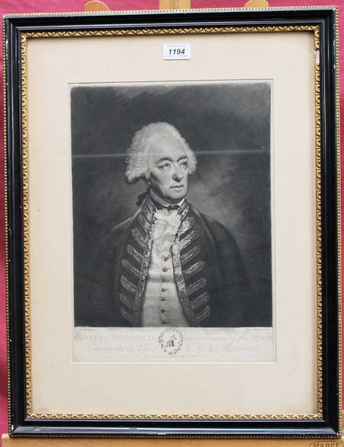 Lot 1194 - L. F. Abbot 18th century mezzotint by Henry Hudson - portrait of Robert Roddam Esq. Vice Admiral of the Red, published 1789, in glazed frame, 39cm x 28cm