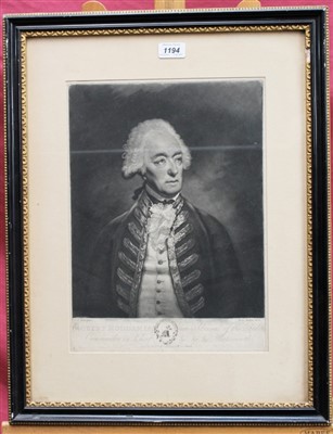 Lot 1194 - L. F. Abbot 18th century mezzotint by Henry Hudson - portrait of Robert Roddam Esq. Vice Admiral of the Red, published 1789, in glazed frame, 39cm x 28cm