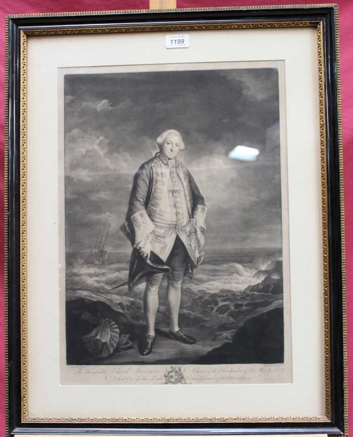 Lot 1199 - J. Reynolds 18th century mezzotint by J. McArdell - portrait of The Honourable Edward Boscawen, Admiral of the Blue Squadron of His Majesty’s Fleet, 1758, in glazed frame, 52cm x 37cm