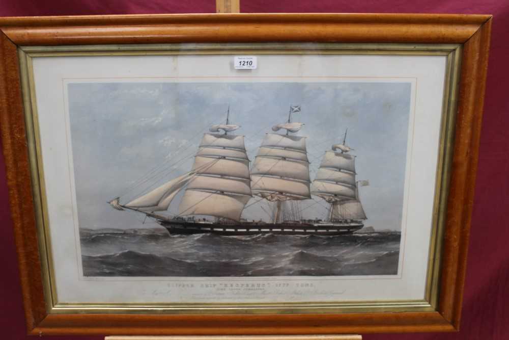 Lot 1210 - T. G. Dutton 19th century hand coloured lithograph - Clipper Ship “Hesperus”. 1777 Tons, published 1874, in glazed maple veneered frame, 47cm x 72cm