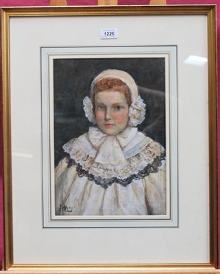 Lot 286 - J. May, English school watercolour - portrait of a child in bonnet with lace collar, signed, in glazed gilt frame, 35cm x 25cm