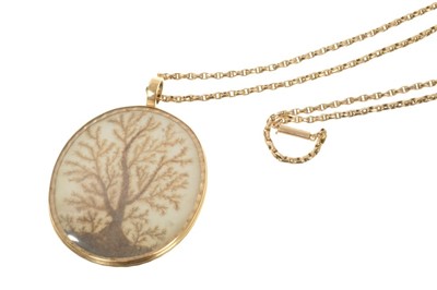 Lot 503 - George III oval hair-work pendant on gold chain