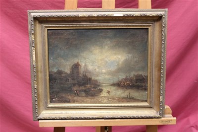 Lot 1379 - 18th century Continental school oil on panel - a harbour by moonlight, in gilt frame, 27cm x 35cm