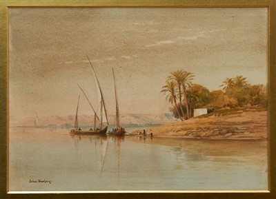 Lot 1006 - John Varley, Jnr. (1850-1933) pencil, watercolour and bodycolour - Feluccas on the edge of the Nile, signed, in glazed gilt frame, 27cm x 38cm