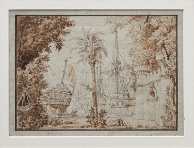 Lot 1007 - Early 18th century Italian school pencil, pen and brown ink and brown wash - a warship beached in the harbour at Genoa, in glazed gilt frame, 14cm x 19cm