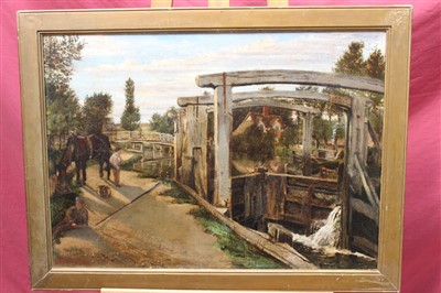 Lot 1014 - Late 19th century naive school oil on canvas - Flatford Lock, in gilt frame, 50cm x 70cm