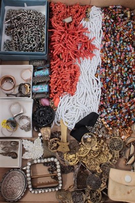 Lot 3301 - Group of jewellery to include an antique chatelaine, Victorian silver locket, silver watch chains, three coral necklaces, dress rings and costume jewellery