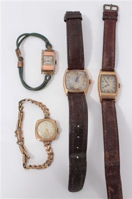 Lot 3302 - Four 1930s gold (9ct) cased wristwatches