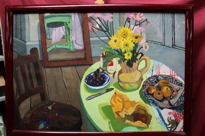 Lot 1019 - Pamela May, 20th century English school oil on canvas - The Kitchen Table, framed, 90cm x 130cm