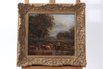 Lot 1026 - 19th century English school oil on board - cattle herder and cattle watering, in gilt frame, 21cm x 23cm