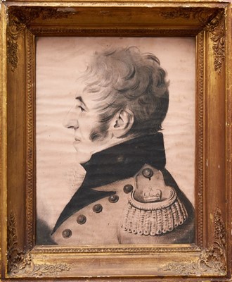 Lot 1036 - Early 19th century English school pen, ink and pastel portrait - Major Armstrong in profile, in gilt frame, 40cm x 31cm