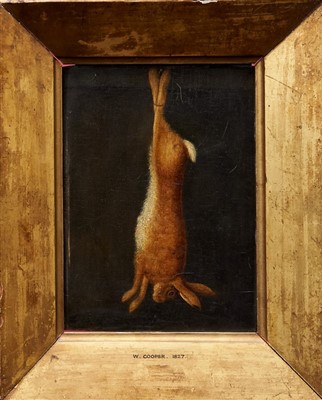 Lot 933 - W. Cooper, early 19th century English school oil on panel - a dead hare, signed and dated 1827, in gilt frame, 18cm x 13.5cm 
 Provenance: Pawsey & Payne, Bury Street, London, October 1922