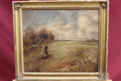 Lot 932 - Pair of early 19th century English school oils on canvas - partridge shooting over setters, in gilt frames, 31cm x 36cm