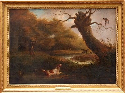 Lot 931 - Attributed to Dean Wolstenholme (1757-1837) oil on canvas - Mallard Shooting, in gilt frame, 38cm x 53cm