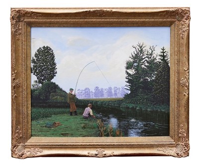 Lot 66 - Michael Morley (b.1937) oil on board - River Trout Fishing, monogrammed, framed, 39cm x 49cm