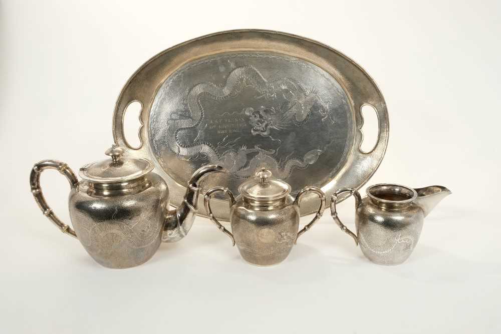 Lot 247 - Chinese silver four piece tea set, together with tray and other items by Lee Yee Hing
