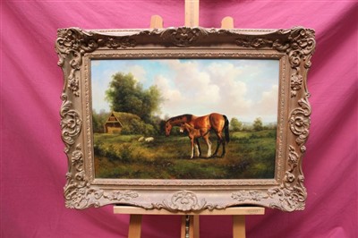 Lot 899 - Jan Mortel (b.1906) pair oils on panel - mare and foal by a hay stack, its pair a mare and foal...