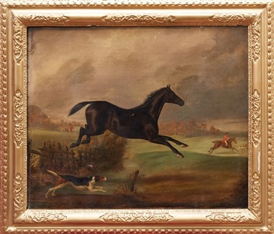 Lot 891 - 19th century English school oil on canvas - a hunting scene with a horse lacking its rider...