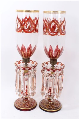 Lot 194 - Pair Victorian red and gilt decorated glass storm lamps