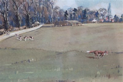 Lot 875 - *Graham Smith, 20th century watercolour and gouache - The Pytchley, full cry into Scotland Wood...