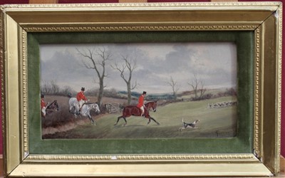 Lot 874 - Charles Faulkner late 19th century oil on board - hunting scene, signed, in gilt frame, 15cm x 30cm