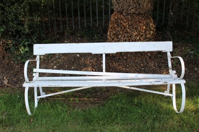 Lot 811 - Antique white painted garden bench, slat back and seat on scrolled wrought iron frame, 180cm wide