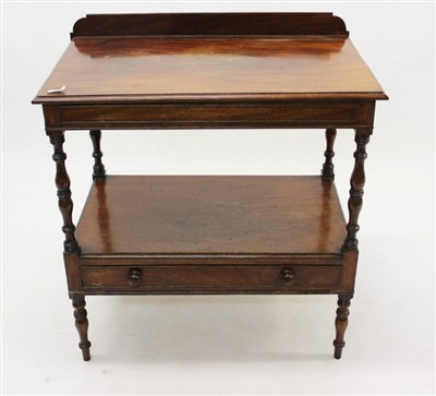 Lot 812 - Victorian mahogany two tier whatnot, with rear gallery and single drawer to owner tier between turned supports on castors, 73cm wide