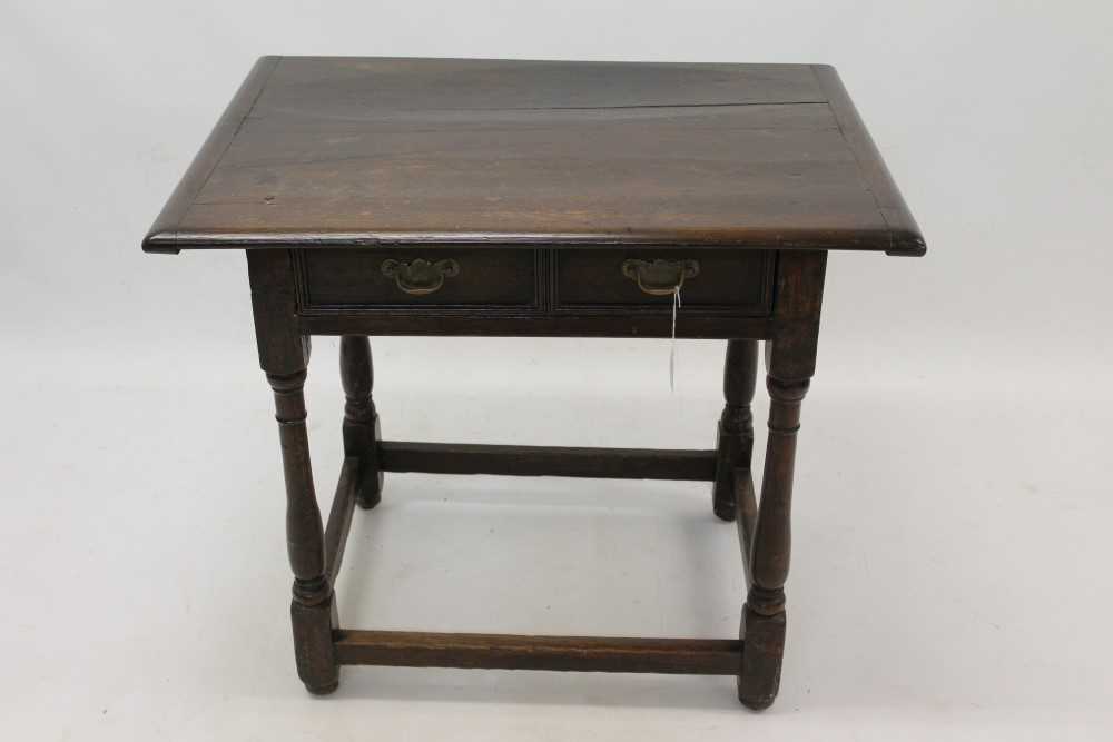 Lot 1425 - Late 17th century and later oak side table, with single geometric moulded drawer on turned and block understructure, 79cm wide
