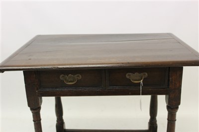 Lot 1425 - Late 17th century and later oak side table, with single geometric moulded drawer on turned and block understructure, 79cm wide