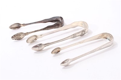 Lot 363 - Pair of George III Silver sugar tongs, London 1796 and two pairs silver Kings pattern sugar tongs