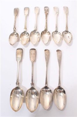 Lot 366 - Pair George III Old English pattern tablespoons, pair fiddle pattern tablespoons, six dessert spoons