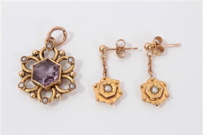 Lot 3243 - Pair of Victorian yellow metal seed pearls earrings and an Edwardian gold (9ct) seed pearl and amethyst pendant