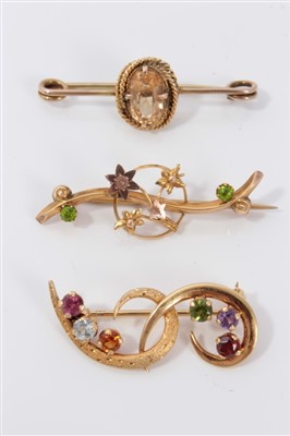 Lot 3245 - Three yellow metal gem set bar brooches