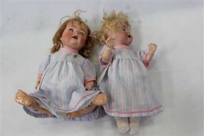 Lot 2716 - Two bisque head dolls Alt Beck Gottschalck 1316 / 28 sleeping blue eyes, painted rows, lashes and lips. open mouth top two teeth showing plus similar bisque head Porzellanfabric Mengersgereuth 23 G...