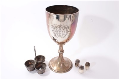 Lot 352 - Victorian silver trophy cup, cruet stand and set of three pepperettes