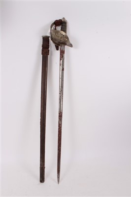 Lot 822 - George V 1897 pattern Infantry Officers' sword with nickel plated guard, wire bound grip, leather dress knot, in brown pigskin covered service scabbard, 99cm overall