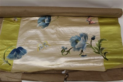 Lot 3056 - Victorian hand embroidered silk satin panel 77 cm x 77 cm approx. Silk thread embroidered floral spray with ribbon ties and butterflies. on a stiffened linen backing.
