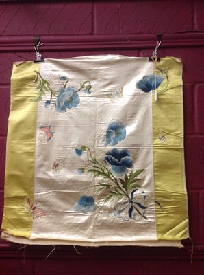 Lot 3056 - Victorian hand embroidered silk satin panel 77 cm x 77 cm approx. Silk thread embroidered floral spray with ribbon ties and butterflies. on a stiffened linen backing.