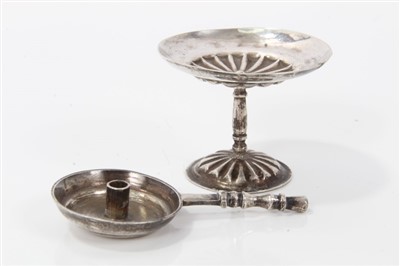 Lot 2725 - Unusual 19th century Belgian miniature silver chamber stick, 6cm long, together with Dutch miniature silver tazza, Amsterdam marks